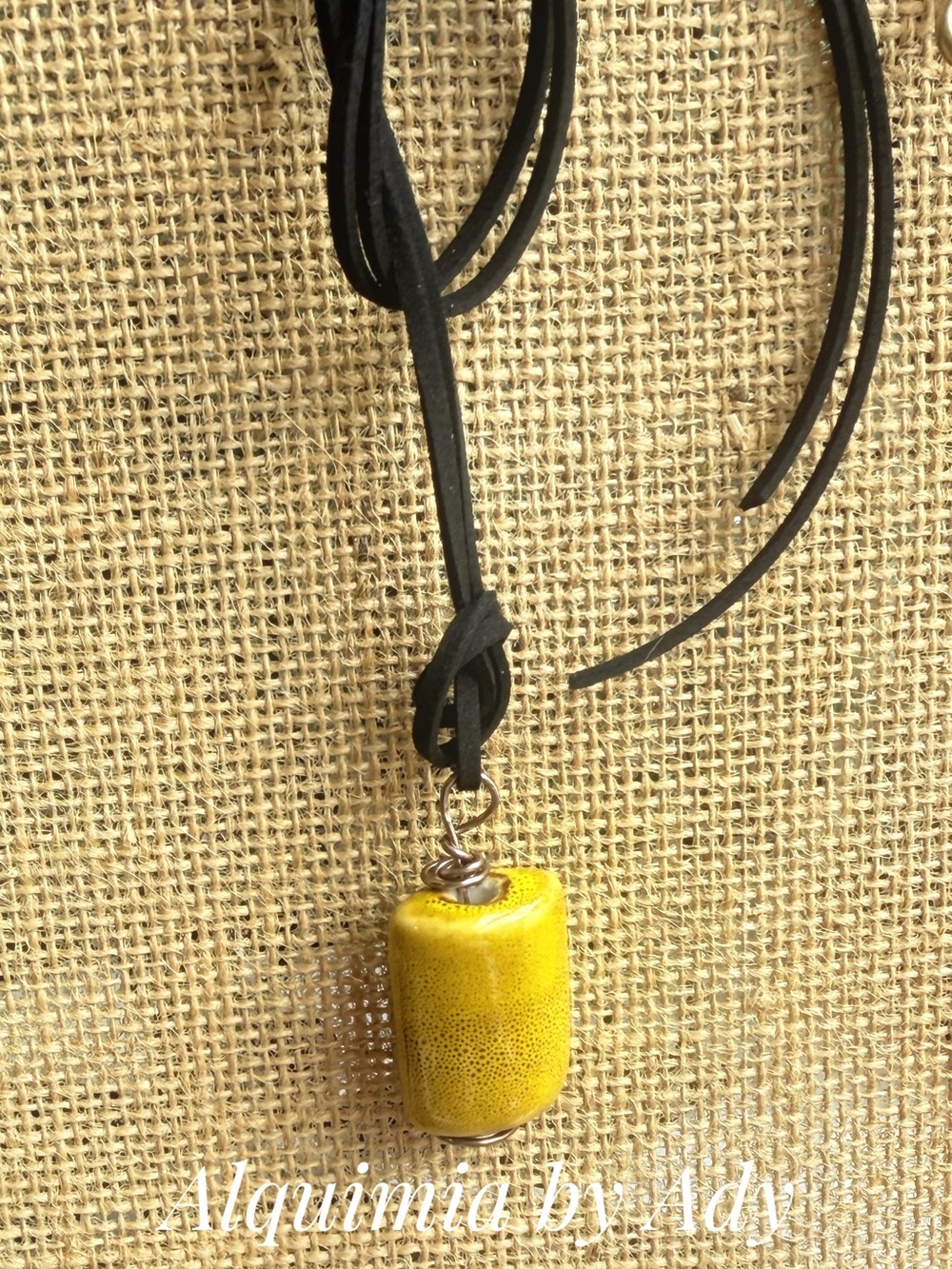Yellow Ceramic Bead Pendant on Black suede Cord